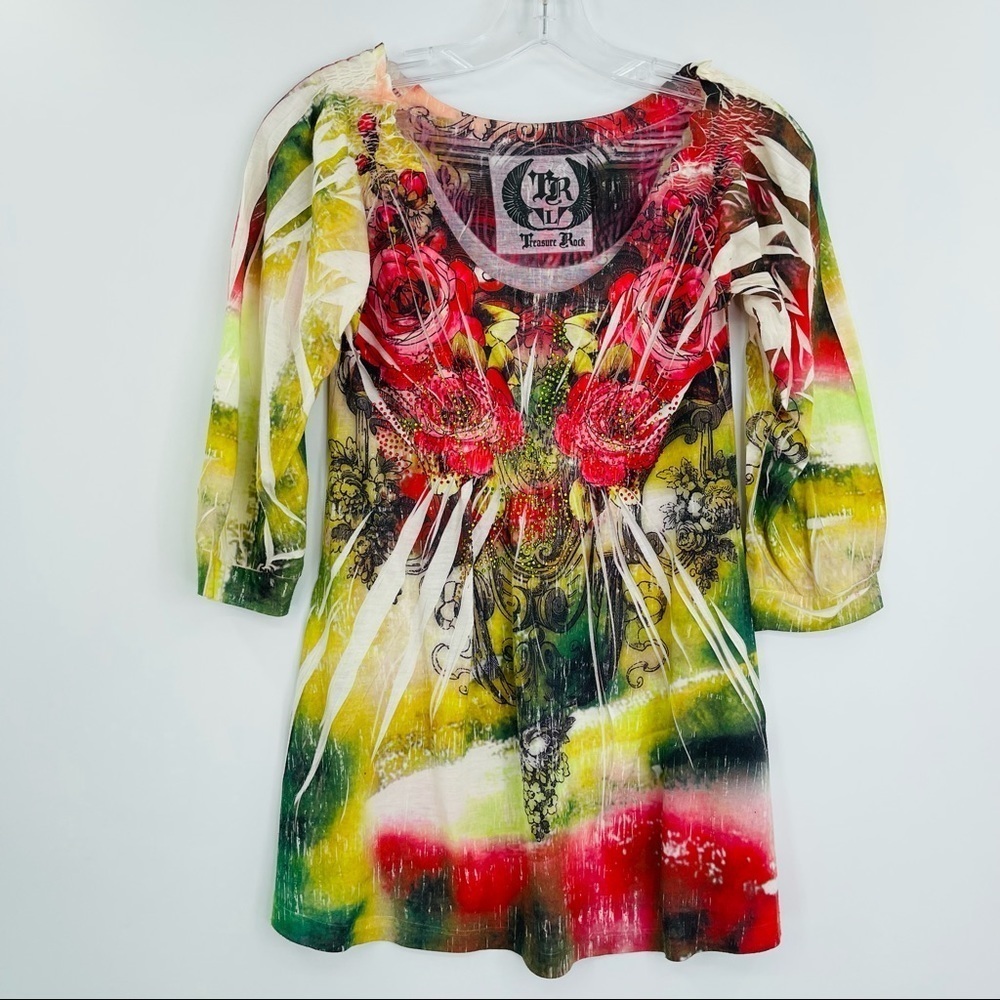Treasure Rock air brush floral top rhinestone embellished women's size Large